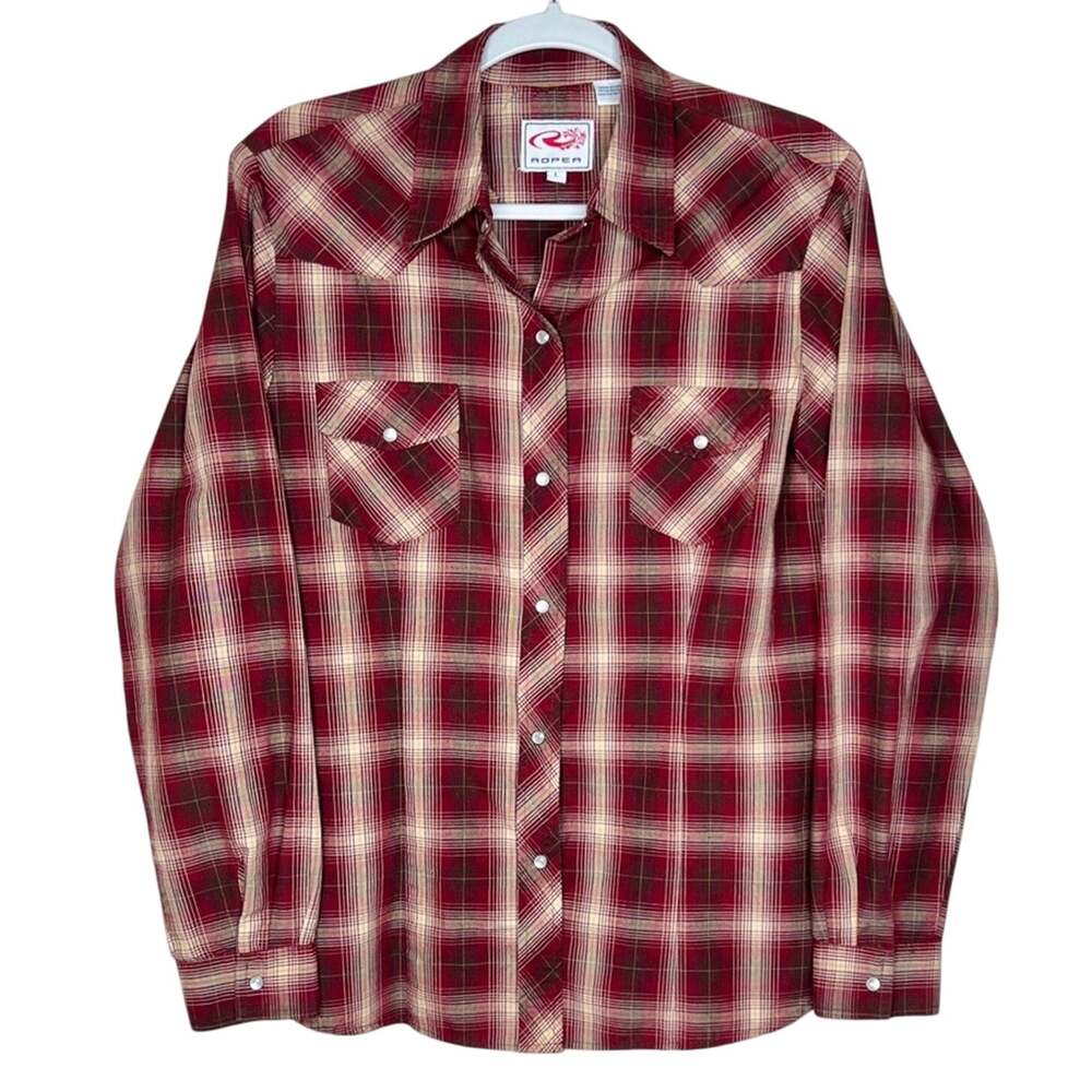 Roper Western Pearl Snap Shirt L Red Plaid Cowgirl Rodeo Festival Button Up
